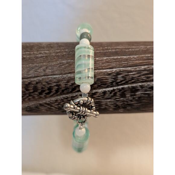 Glass Mint Green Lampwork Elongated Cylinder & Stone & Milk Glass Bead Bracelet - Picture 5 of 6